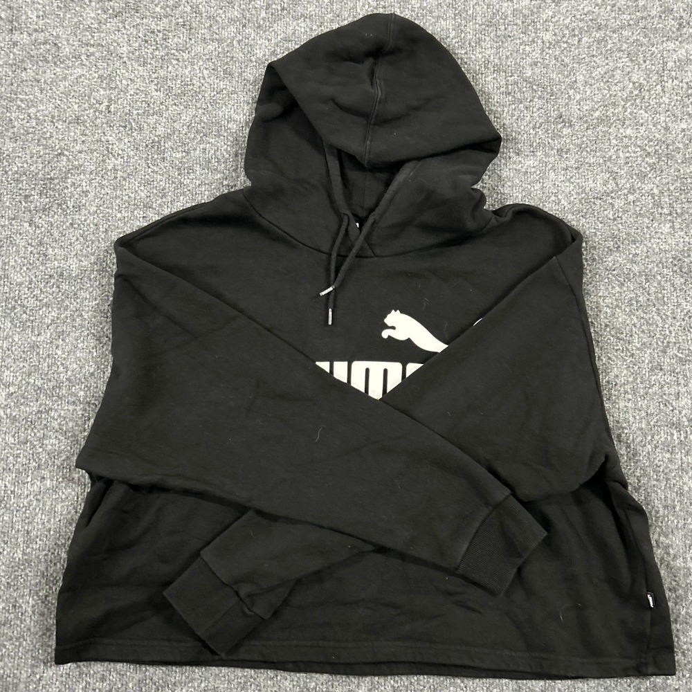 Puma Hoodie Womens Size XL Black Logo Graphic Relaxed Fit Cropped Sweatshirt